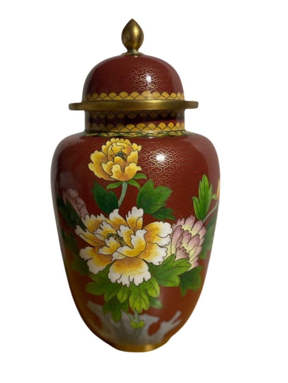 VTG 70s Cloisonné Lidded Jar Floral Design Red Gold Accents Enamel Chinese Urn